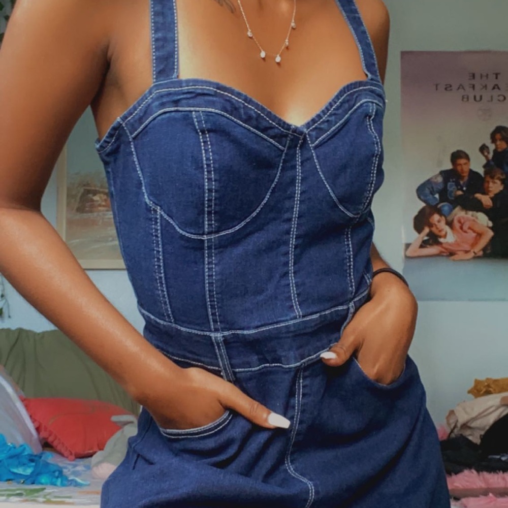 Denim sweetheart neckline mini dress